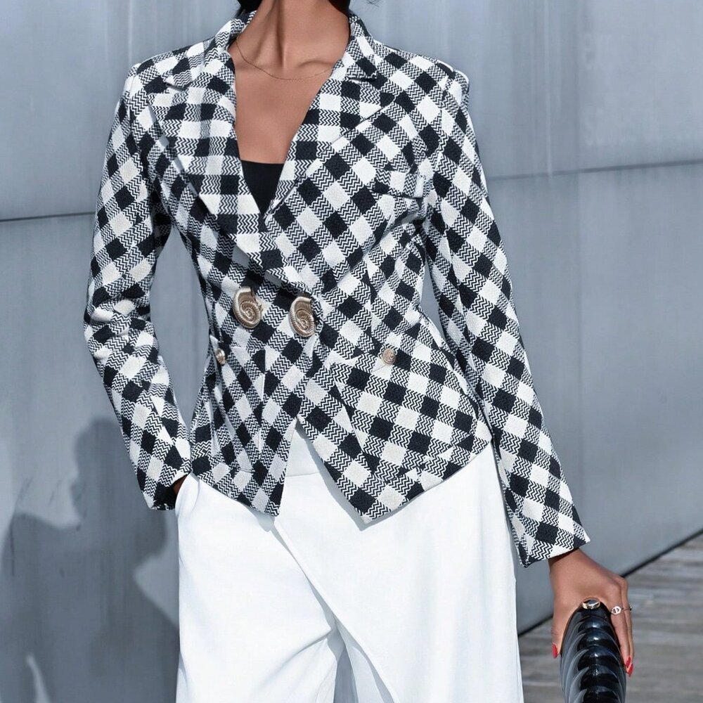 Black And White Casual Women's Plaid Lapel Long Sleeve Elegant Suit Jacket